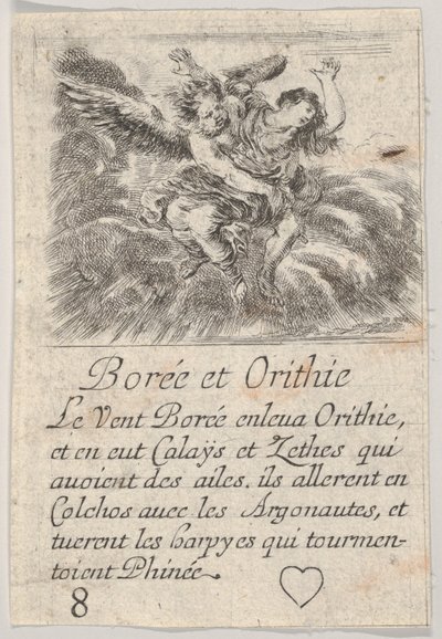 Boreas og Orithyia, fra Game of Mythology Jeu de la Mythologie, 1644. af Stefano della Bella