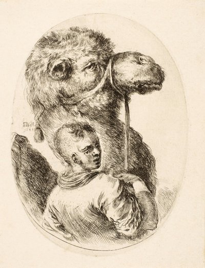 Dreng, der holder en kamel ved tøjlen, fra Several Heads Coiffées à la Persienne, pub. vs. 1650 (gravering) af Stefano della Bella