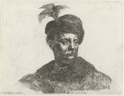 Buste af en polsk mand med et overskæg og en hat med en fane Grundlæggende om tegning (serietitel) I principii del disegno (serietitel) af Stefano della Bella