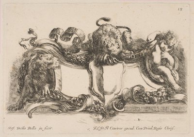 Kartouche indeholdende et tomt skjold besat af en løve og indrammet af en løve og et barn, 1646. af Stefano della Bella
