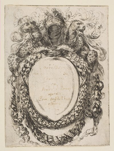 Cartouche kronet af hjelm og leoparder, 1647. af Stefano della Bella