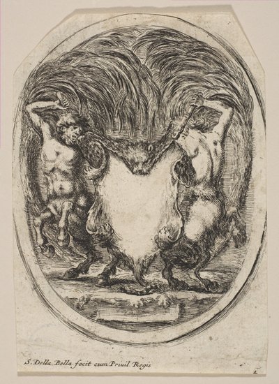 Cartouche Formed by a Tiger Skin Flanked by Two Centaurs, 1647. dani af Stefano della Bella