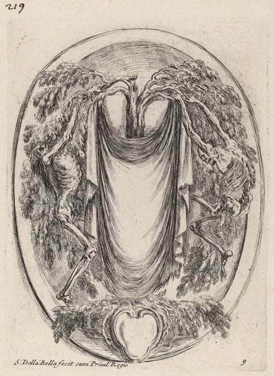 Cartouche i form af et drapere ophængt fra en cypres flankeret af skeletter, 1647. af Stefano della Bella