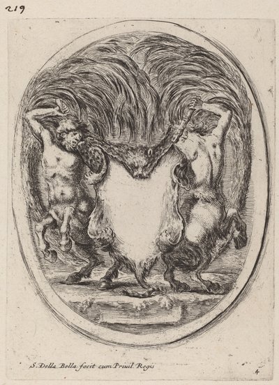 Cartouche i form af en flået tiger understøttet af kentaurer, 1647. af Stefano della Bella