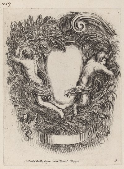 Cartouche med Apollo og Pan, 1647. af Stefano della Bella