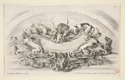 Cartouche med hunde, kronhjort og ornehoved af Stefano della Bella