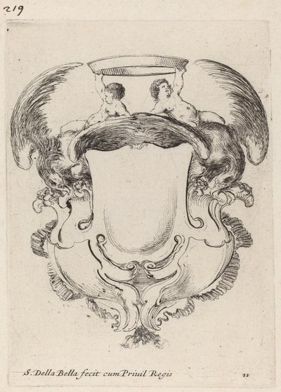 Cartouche med ørne og to spædbørn, der holder en krone, 1647. af Stefano della Bella