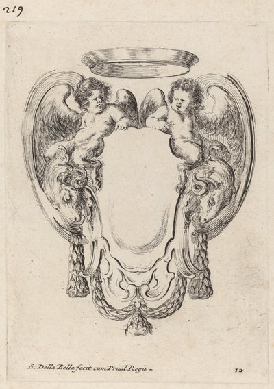 Cartouche med væddere og spædbarnssatyrer, 1647. af Stefano della Bella