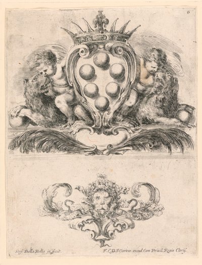 Storhertugen af ​​Toscanas våbenskjold: Ornament with a Lion Mask, nr. 6 fra "Samling af forskellige capriccii et ni opfindelser af mapper og ornamenter" af Stefano della Bella