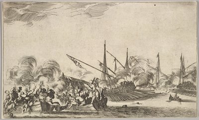 Kamp mellem flere robåde og skibe, to grupper af mænd i robåde, der kæmper til venstre..., 1639. af Stefano della Bella