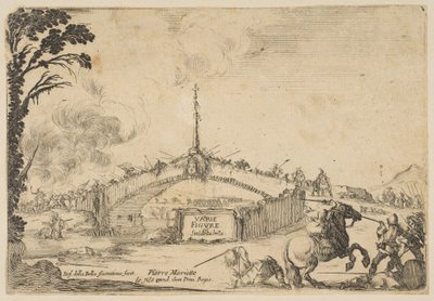 Kamp på en bro, en rytter og to fodsoldater kæmper med sværd nederst til højre..., ca. 1645. af Stefano della Bella