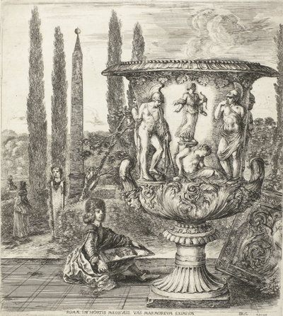 De unge Cosimo III de Medici tegnt de Medici-vaas Rom, i Medici-haverne, en enestående marmor (titel på objektet) Gezichten op Rom og omgivelser (serietitel) Six grandes vues, dont quatre de Rome et deux de la Campagne romaine (serietitel) af Stefano della Bella