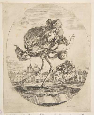 Døden bærer et spædbarn, fra De fem dødsfald Les cinq Morts, ca. 1648. af Stefano della Bella