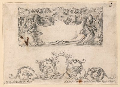 Escutcheon, Rinceaux, No. 16 fra "Samling af forskellige luner og ni opfindelser af mapper og ornamenter" af Stefano della Bella
