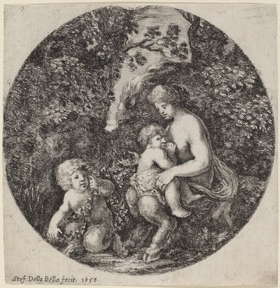 Kvindelig Satyr, der ammer et barn i et skovklædt landskab af Stefano della Bella
