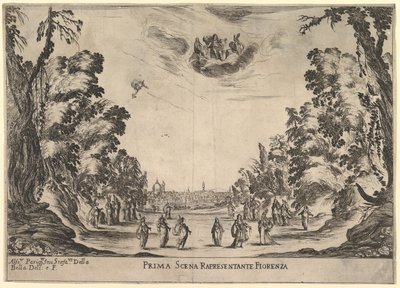 Første scene, i Firenze, fra gudernes ægteskab Le nozze degli Dei, 1637. af Stefano della Bella