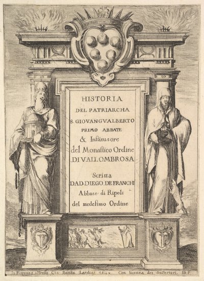 Frontispice: et monument dekoreret med Medici-våbenskjoldet øverst i midten, flammer a..., 1640. af Stefano della Bella