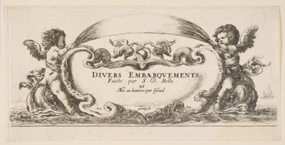 Frontispice: cartouche i midten, putti på hver side ridende på delfiner, fra 