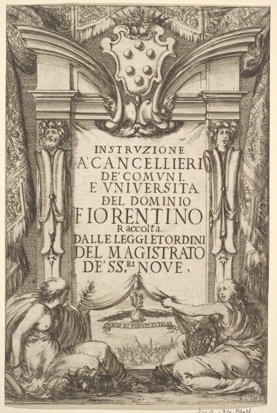 Frontispice for instruktioner for kanslere Instruzione a Cancellieri: Medici frakke ..., 1635. af Stefano della Bella