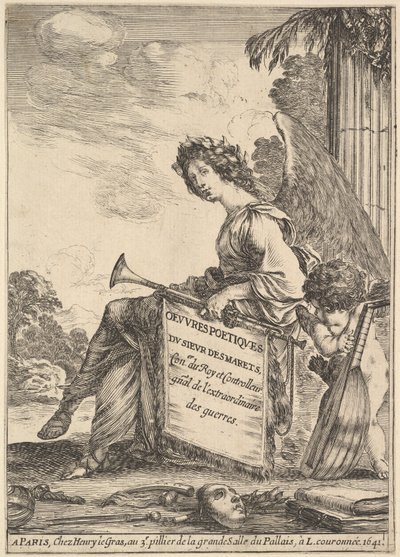 Frontispice til digte af Desmarets Oeuvres poétiques de Desmarets: a winged woman rep..., 1641. af Stefano della Bella