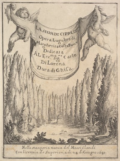 Frontispice til Cypress Forest La selva di cipressi: to putti holder et gobelin i..., 1640. af Stefano della Bella