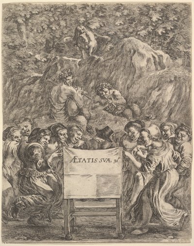 Frontispice til The Works of Scarron uvres de Scarron, digteren siddende i en stol..., 1649. af Stefano della Bella