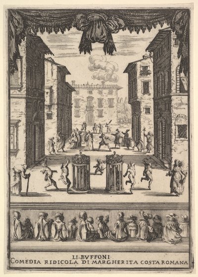 Frontispice til komedien The Buffoons Li Buffoni, en scene på scenen, der ligner en pu..., 1639-41. af Stefano della Bella