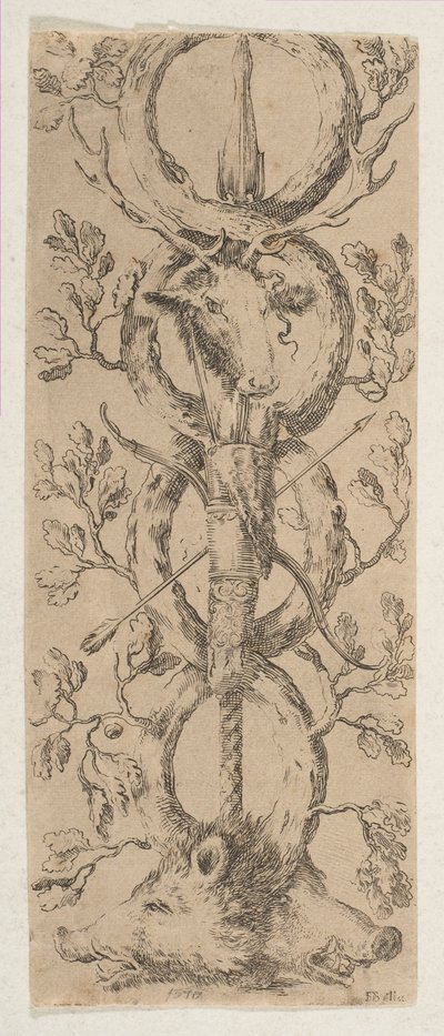 Hoveder af en kronhjort og to orner i Rinceaux of Oak Branches, ca. 1653. af Stefano della Bella