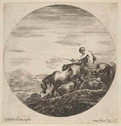 Hyrde til hest driver dyr, fra Seks dyreemner Seks sujets danimaux, ca. 1646. af Stefano della Bella
