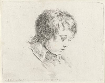 Hovedet af en ung mand, der kigger ned til højre Grundlæggende om tegning (serietitel) I principii del disegno (serietitel) af Stefano della Bella