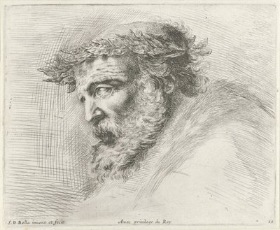 Hoved af en gammel mand med skæg og laurbærkrans, i profil til venstre Grundlæggende om tegning (serietitel) I principii del disegno (serietitel) af Stefano della Bella