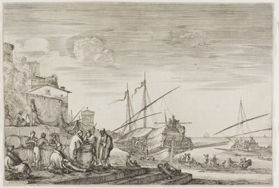 Udsigt over havnen i Livorno: Huse med udsigt over en havn af Stefano della Bella