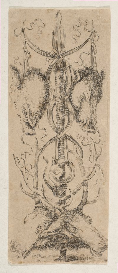 Jagttrofæ med kronhjort i bunden, ca. 1653. af Stefano della Bella