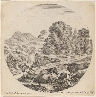 Landskab med dyr og to siddende hyrder, 1646. af Stefano della Bella