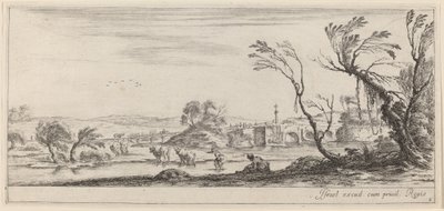 Landskab med en bonde, der forbereder sig på at krydse en strøm, i eller før 1647. af Stefano della Bella