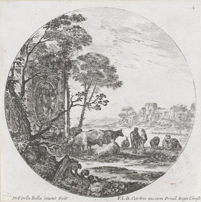 Landskab med flok og korinthisk hovedstad Landskaber og ruiner i Rom (serietitel) Paysages et ruines de Rome (serietitel) af Stefano della Bella