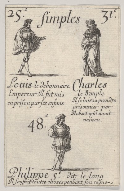 Louis le debonnaire... Charles le Simple, fra Game of the Kings of France Jeu des Rois..., 1644. af Stefano della Bella
