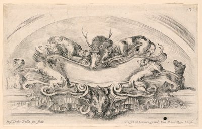Lunette med skilte, nr. 13 fra "Samling af forskellige luner og ni opfindelser af mapper og ornamenter" af Stefano della Bella