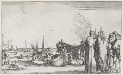 Mænd i samtale på kajen Maritime forestillinger (serietitel) Suite de huit marines (serietitel) af Stefano della Bella