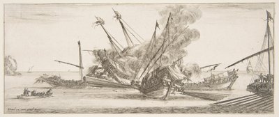 Søkamp, et skib i midten, set bagfra, skyder mod fire fjendtlige skibe, et andet ..., ca. 1641. af Stefano della Bella