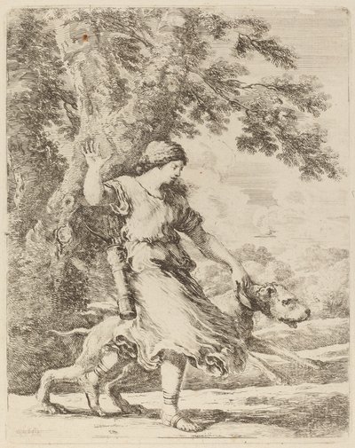 Nymfe holder en stor hund i halsbåndet af Stefano della Bella
