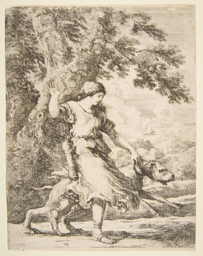 Nymfe holder en stor hund ved halsbåndet, ca. 1654. af Stefano della Bella