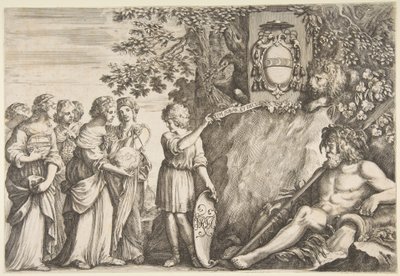 Ornamentdesign til et speciale, Strozzi-våbenskjoldet øverst, ca. 1660. af Stefano della Bella