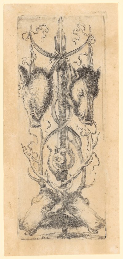 Ornamentalt panel med to vildsvinehoveder foroven, to hjortehoveder forneden og et horn i midten, blad 8 fra serien „Ornamenter eller grotesker“ af Stefano della Bella