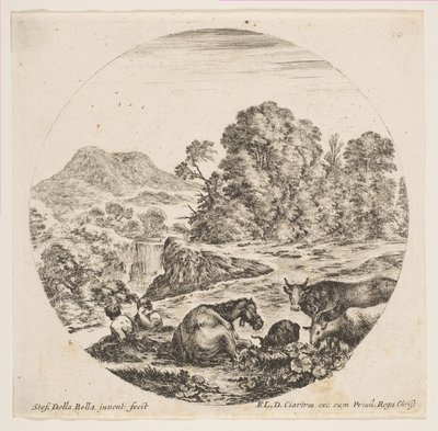 Plade 10: en hest liggende i midten, en ko og to geder til højre, to siddende fåre..., ca. 1646. af Stefano della Bella
