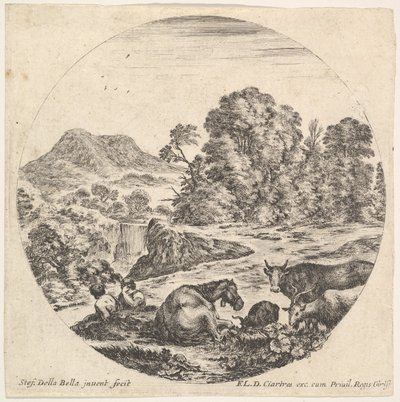 Plade 10: en hest liggende i midten, en ko og to geder til højre, to siddende sh..., ca. 1643-48. af Stefano della Bella