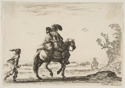 Tavle 10: en rytter og en kvinde, set bagfra, ridende mod højre med en ung ..., 1642. af Stefano della Bella