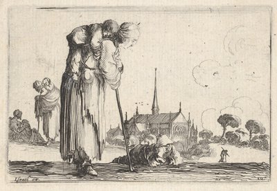 Tavle 10: en bondekone vendt mod højre med et barn på ryggen, en dreng lyi..., ca. 1642. af Stefano della Bella