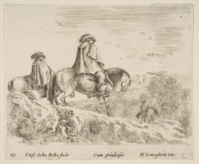 Plade 10: to ryttere, der går ned af et bjerg til venstre, en anden rytter til højre i ..., ca. 1644-47. af Stefano della Bella