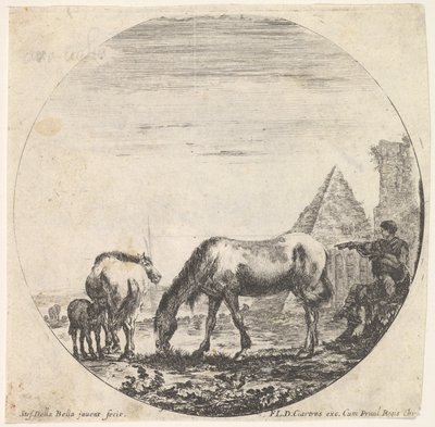 Plade 11: Caius Cestius pyramide til højre i baggrunden, en hest, der græsser ..., ca. 1643-48. af Stefano della Bella